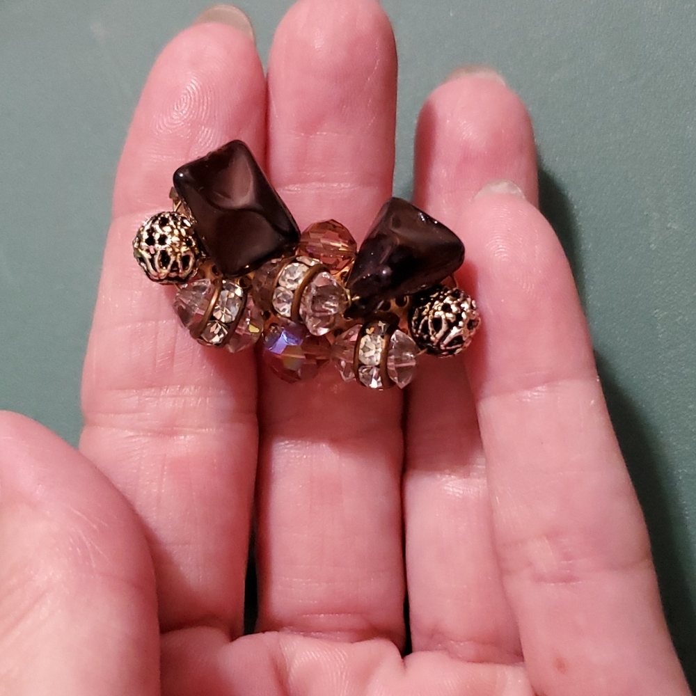 Faux topaz Tiger's Eye rhinestone clip on earrings Vintage Goldtone 60s Retro - Picture 5 of 6